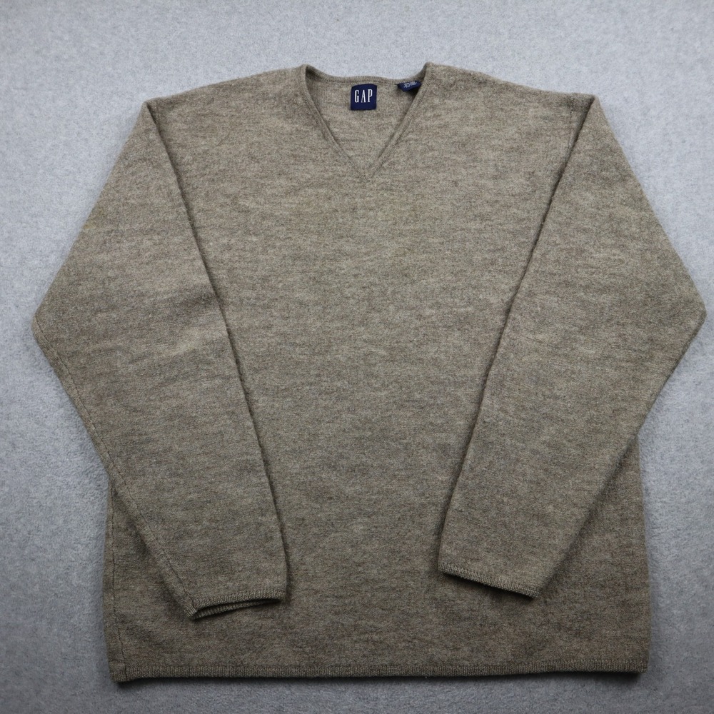 Gap V-Neck Sweater Mens XL Wool Oatmeal Tan Heather Long Sleeve Pullover